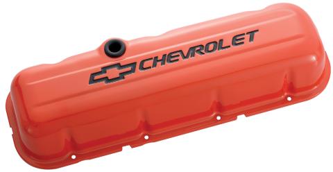 Engine Valve Covers Stamped Steel Tall Orange w/ Bowtie Logo Fits BB Chevy Black Chevrolet & Bowtie Logos Chevrolet Performance Parts
