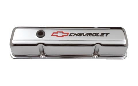Engine Valve Covers Stamped Steel Tall Chrome w/ Bowtie Logo Fits SB Chevy Embossed Black Chevrolet & Red Bowtie Logos Chevrolet Performance Parts