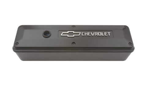 Engine Valve Cover 2 Piece Tall Style Die Cast Black w/Bowtie Logo SB Chevy Raised Chevrolet & Bowtie Logos Chevrolet Performance Parts
