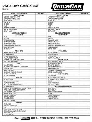 Note Pad Race Day Check List, 50 Pages QuickCar Racing Products