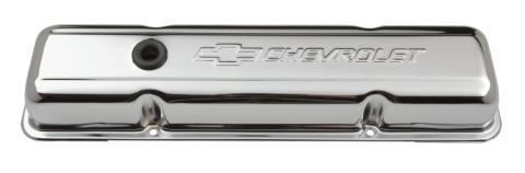 Engine Valve Covers Stamped Steel Short Chrome w/ Bowtie Logo Fits SB Chevy Embossed Chevrolet &amp; Bowtie Logos Chevrolet Performance Parts