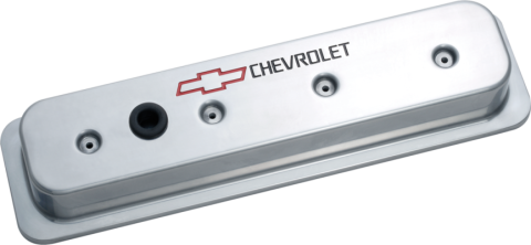 Engine Valve Covers Center Bolt Style Die Cast Polish w/Bowtie Logo SB Chevy Recessed Black Chevrolet &amp; Red Bowtie Logos Chevrolet Performance Parts