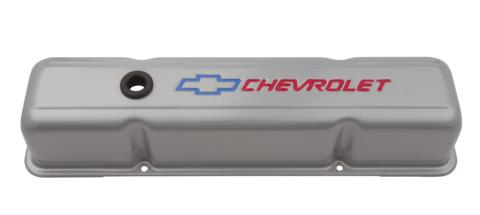 Engine Valve Covers Tall Style Die Cast Gray with Bowtie Logo For SB Chevy Red Chevrolet &amp; Blue Bowtie Logos Chevrolet Performance Parts
