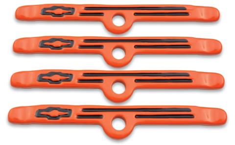 Engine Valve Cover Holdown Clamps Orange with Black Bowtie Logo SB Chevy 4 Pc Black Lines &amp; Bowties Chevrolet Performance Parts