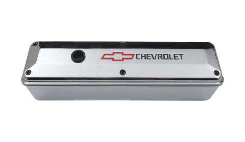 Engine Valve Covers 2 Piece Tall Style Die Cast Chrome w/Bowtie LogoSB Chevy Recessed Black Chevrolet &amp; Red Bowtie Logos Chevrolet Performance Parts