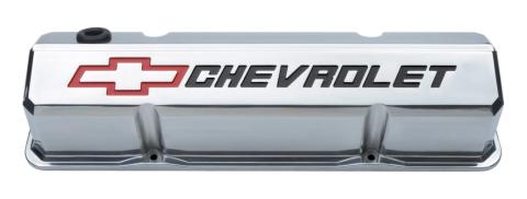 Valve Covers Slant Edge Tall Die Cast Polish w/Recessed Bowtie Logo SB Chevy Recessed Black Chevrolet &amp; Red Bowtie Logos Chevrolet Performance Parts