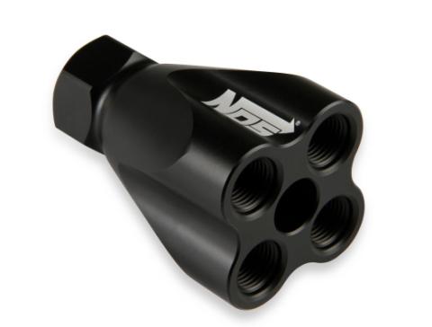 Showerhead Distribution Block Inlet -8 An O-Ring Female Port Outlet: (4) X -6 An O-Ring Female Port No Fittings Black Anodized NOS