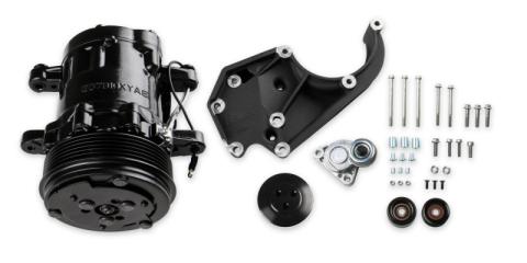LS High-Mount A/C Accessory Drive Kit Includes SD7 A/C Compressor, Tensioner, &amp; Pulleys- Black Finish Passenger's Side A/C Bracket Includes SD7 A/C Compressor, Tensioner, &amp; Pulleys Holley