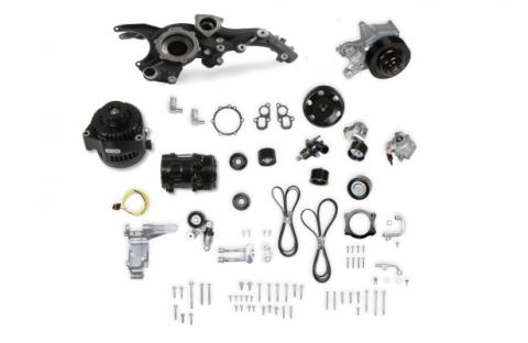 Premium Mid-Mount Complete Accessory System GM Gen V LT5 Dry Sump Engines Black Finish Complete GM Gen V LT5 Accessory Drive System W/ Alt, P/S, A/C, Water Pump, Belts, and Hardware Holley