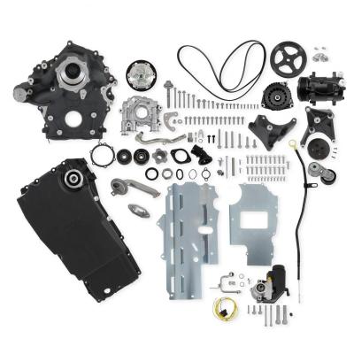 Godzilla High-Mount Accessory Drive F100 Swap Complete Black Fits Ford 7.3L Godzilla Includes Timing Cover/coolant Manifold, SD7 A/C Compressor, Alternator, P/S Pump, Tensioner, Water Pump, Belt &amp; Pulleys, Oil Pump, and Oil Pan Holley