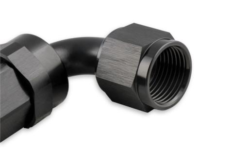 Swivel Hose End -6 AN 90 Degree Swivel Hose End Black Black Satin Anodized Finish Mr Gasket