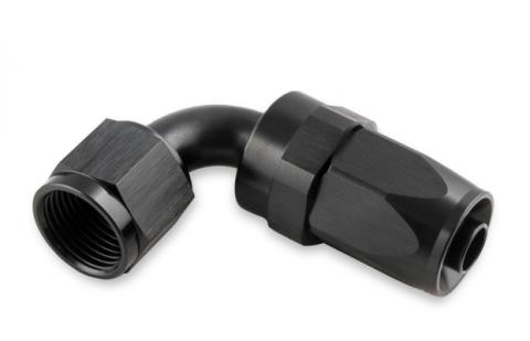 Swivel Hose End -8 AN 90 Degree Swivel Hose End Black Black Satin Anodized Finish Mr Gasket
