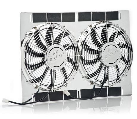 13 Inch Show and Go Stainless Shroud 27 Inch W x 18 Inch H w/Dual Chrome Puller Fans Be Cool Radiator