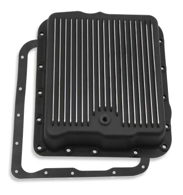 Transmission Oil Pan Black Aluminum Fits GM 700R4/4L60/4L60E Stock Depth and Capacity Finned Design Mr Gasket