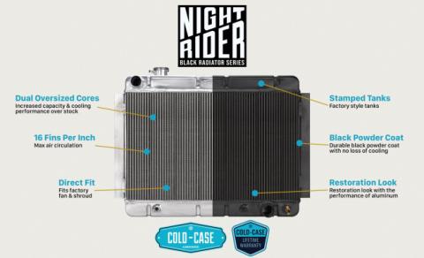 55-57 Tri-5 Chevy V8 Mount Aluminum Radiator Black Night Rider Series Cold Case Radiators
