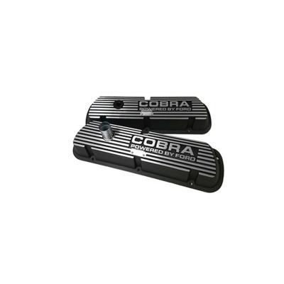 Aluminum Valve Covers with Cobra Powered by 1964-1973 Ford Mustang Logo Black Scott Drake
