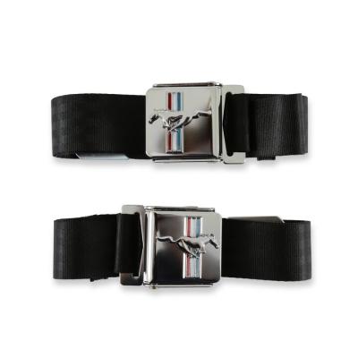 1965-1973 Mustang Seat Belt with Tri-Bar Running Horse Emblem Pair Black Scott Drake