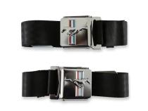 1965-1973 Mustang Seat Belt with Tri-Bar Running Horse Emblem Pair Black Scott Drake